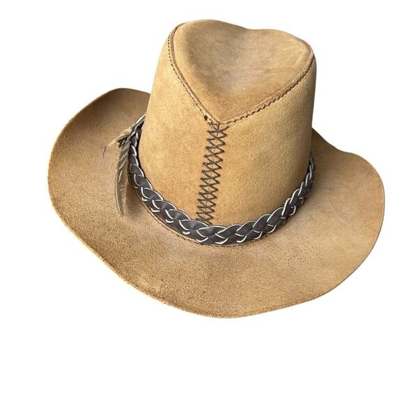 Head N Home “Duke” Suede Leather Hat, Unisex,  Leather banded Trim/Feather, Tan - Picture 5 of 8